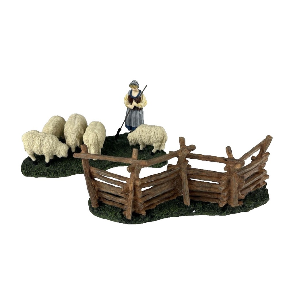 Lang & Wise Colonial Williamsburg Sheep Shepherdess & Split Rail Fence NEW